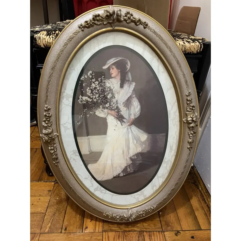 Antique-Style Oval Framed Print Victorian Lady with Flowers Ornate Frame